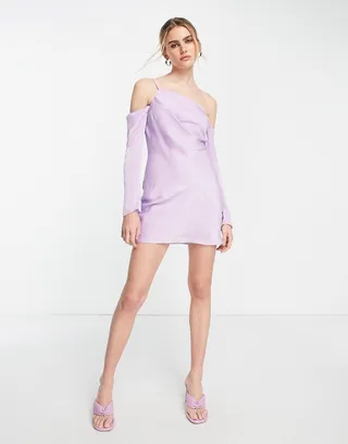 ASOS DESIGN asymmetric satin mini dress with cold shoulder in mauve