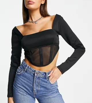 ASYOU long sleeve mesh corset top in black