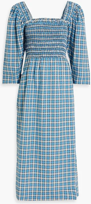 Shirred checked cotton-blend seersucker midi dress