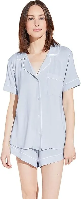 Eberjey Gisele - The Relaxed Short Pajama Set (Ice Blue Ivory) Women's Pajama Sets