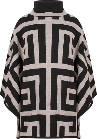 Balmain High Neck Geometric Motif Knitted Poncho