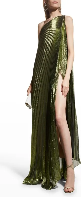 One-Shoulder Pleated Metallic Lame Gown