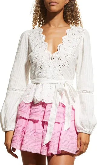 Polla Eyelet Long-Sleeve Wrap Top