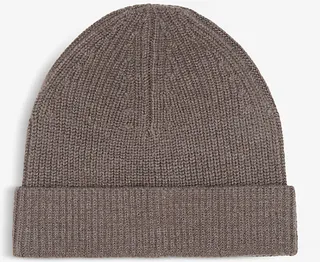 Mens Taupe Raff Ribbed Wool-blend Knitted Beanie