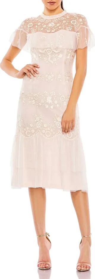 Embroidered Ruffle Mesh Cocktail Dress