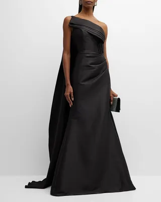 One-Shoulder Pleated A-Line Cape Gown