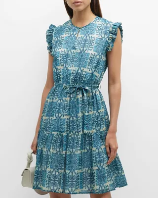 Caroline Sleeveless Geo-Print Ruffle Mini Dress