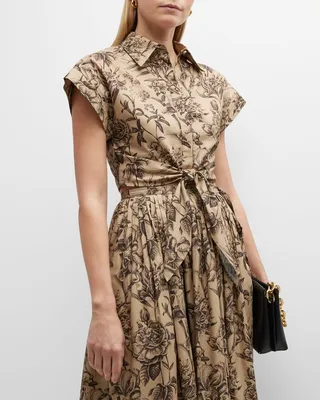 Printed Poplin Button-Front Shirt with Self-Tie Hem
