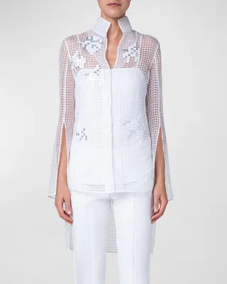 Daffodils Grid Embroidered Collared Tunic Blouse