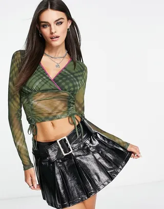 ASOS DESIGN long sleeve ruched T-shirt in check