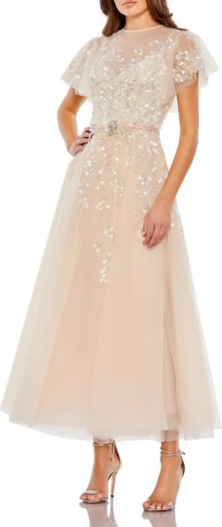 Sequin Flutter Sleeve Tulle Cocktail Dress