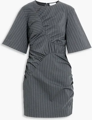 Ruched pinstriped stretch-jacquard mini dress