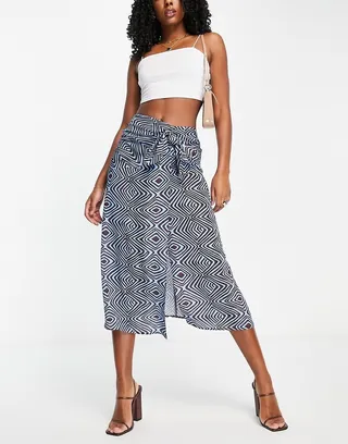ASOS DESIGN sarong wrap midi skirt in geo print
