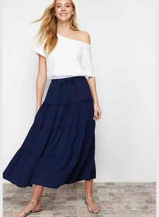 Navy Blue Gathered Waist Flared Maxi Length Woven Skirt TWOSS24ET00098