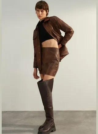 Brown Premium High Quality Faux Leather Mini Woven Skirt TWOAW24ET00122