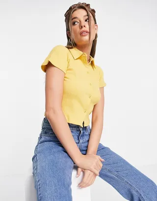 Miss Selfridge ochre short sleeve button through jersey shirt