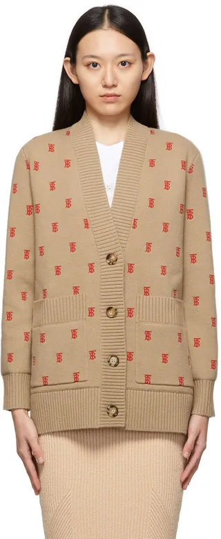 Burberry Beige & Red Wool Monogram Palena Cardigan