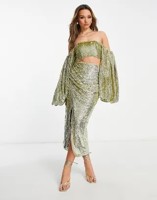 ASOS EDITION wrap midi skirt in pale gold sequin
