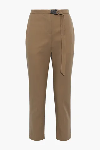 Cropped belted cotton-blend twill slim-leg pants
