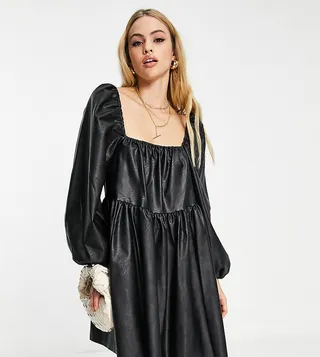 ASOS DESIGN Tall tiered PU mini smock dress with blouson sleeve in black
