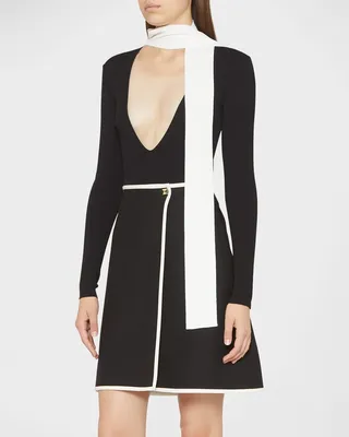 Scarf-Neck Plunging Knit Bodysuit
