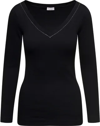 Black V-neck Pullover With Beads Detailing In Stretch Cotton Woman