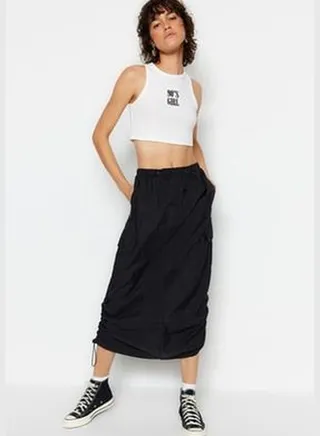 Black Parachute Fabric Midi Skirt TWOSS23ET00360