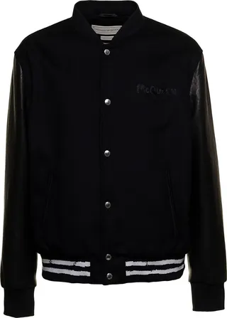 Man's Black Bomber Wool And Leather Jacket