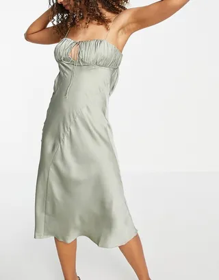 ASOS DESIGN satin bias cut midi slip dress with ruched bust detail in olive