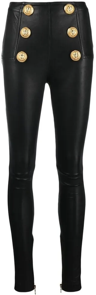 Button-Embossed Leather Leggings