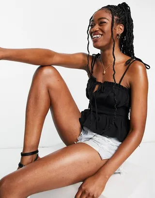 Topshop shirred plain cami in black