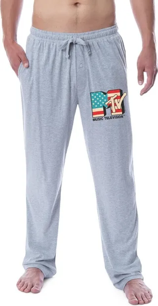 MTV Mens' Music Television American Flag '80s Logo Sleep Pajama Pants (M) Grey