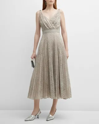 Metallic Lace Crystal-Straps Pleated Midi Dress