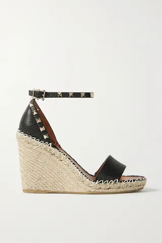 Valentino Garavani - Rockstud 105 Textured-leather Espadrille Wedge Sandals - Black