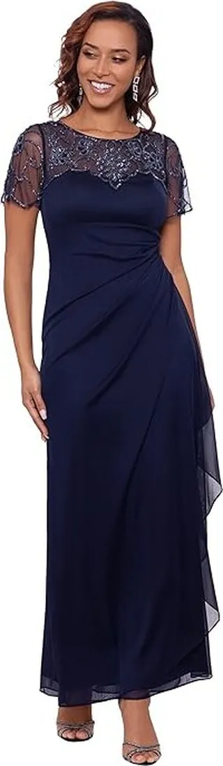 XSCAPE Long Sheer Matte Jersey Side Ruched Bead Flutter Sleeve (Navy) Women's Clothing