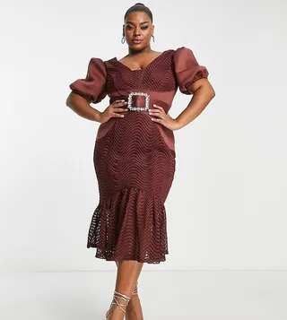 ASOS DESIGN Curve puff sleeve wiggle lace diamante belt midi dress in chocolate