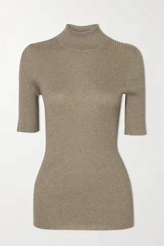 Brunello Cucinelli - Metallic Ribbed Cashmere-blend Top - Brown
