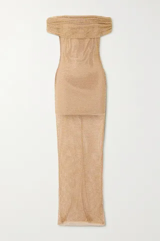 Self-Portrait - Off-the-shoulder Embellished Macramé Gown - Neutrals