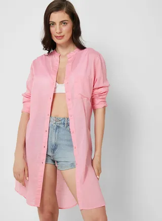 Pure Cotton Collarless Beach Cover Up Shirt