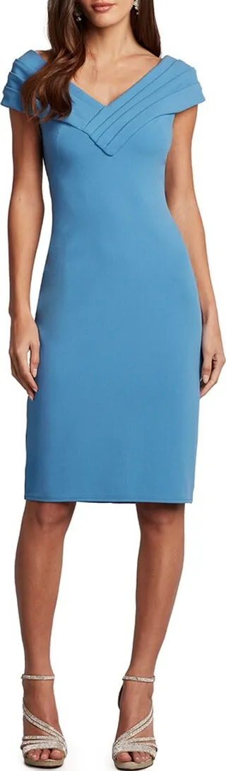Pleated Cap Sleeve Crepe Sheath Dress