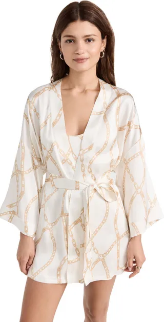 ANINE BING Kara Robe Cream and Tan Link Print