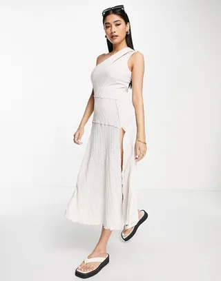ASOS DESIGN textured one shoulder exposed seam detail midi dress in stone