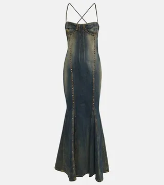 Embellished denim gown