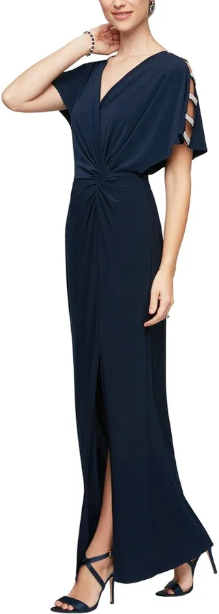Embellished Sleeve Knot Front Gown