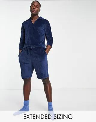 ASOS DESIGN pajama set in navy ribbed velour with polo long sleeve top and shorts