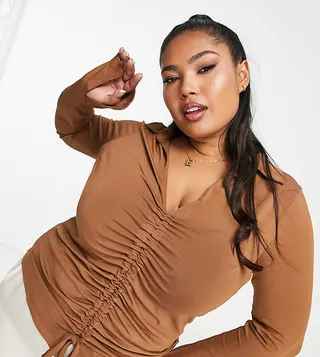 ASOS DESIGN Curve ruched front long sleeve shirt in chocolate