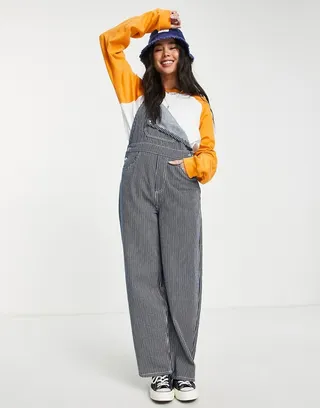 ASOS DESIGN denim skater overalls in navy stripe