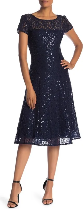 Tea Length Sequin Lace Dress