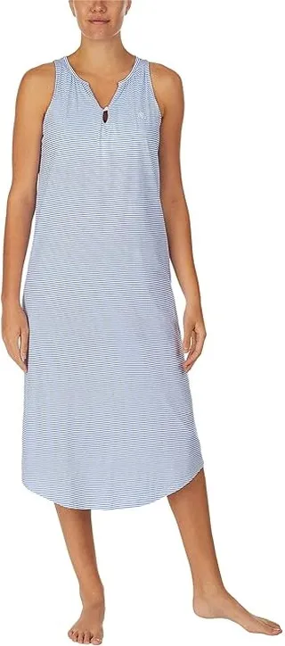 LAUREN Ralph Lauren Sleeveless Split-Neck Ballet Gown with Soft Bra (Blue Stripe) Women's Pajama