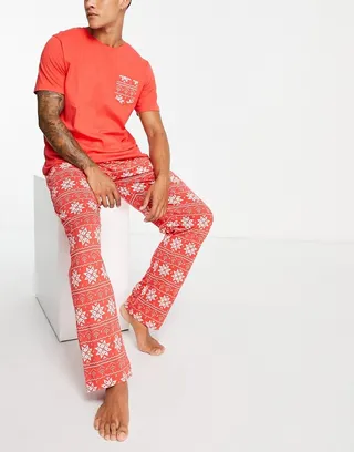 Brave Soul snowflake fairisle pajama set in red and white